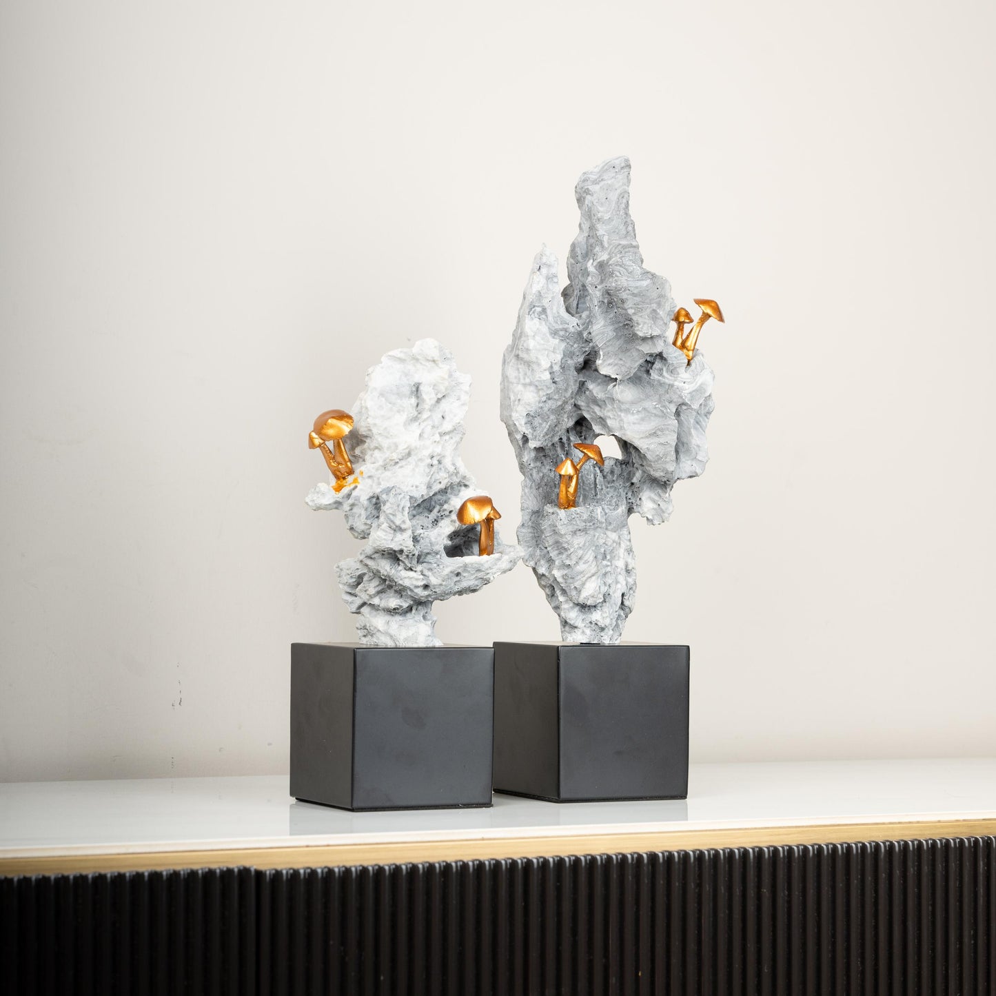 The Enchanted Ascent – Mountain & Gold Mushroom Sculpture