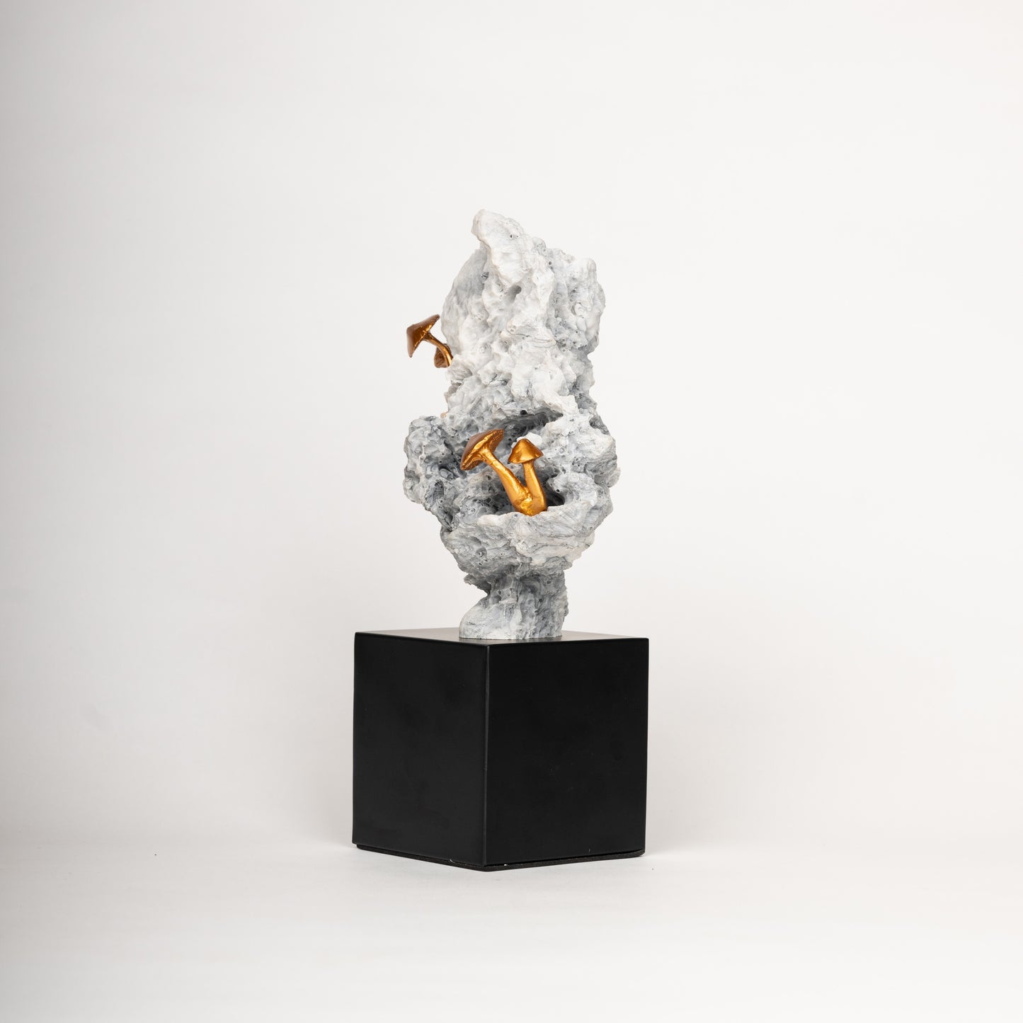 The Enchanted Ascent – Mountain & Gold Mushroom Sculpture