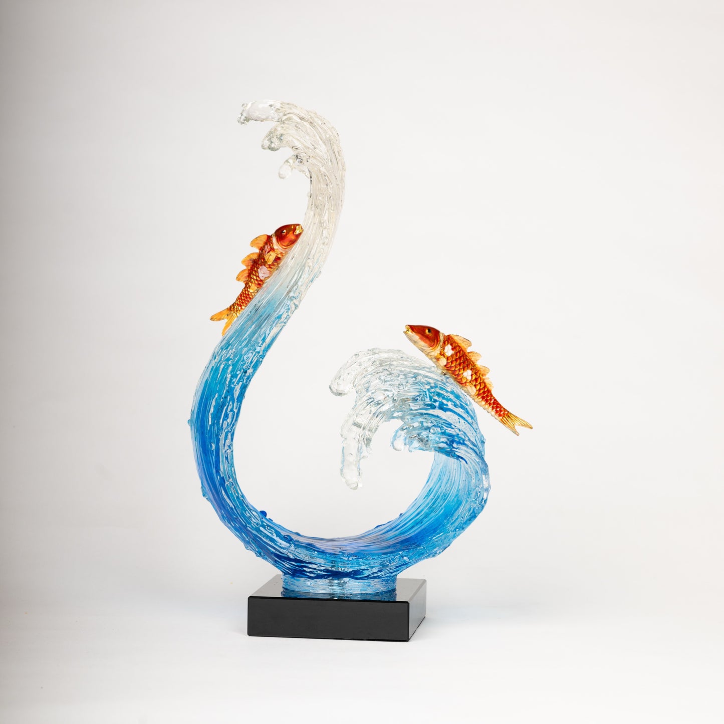 Twin Koi & Ocean Wave Glass Sculpture