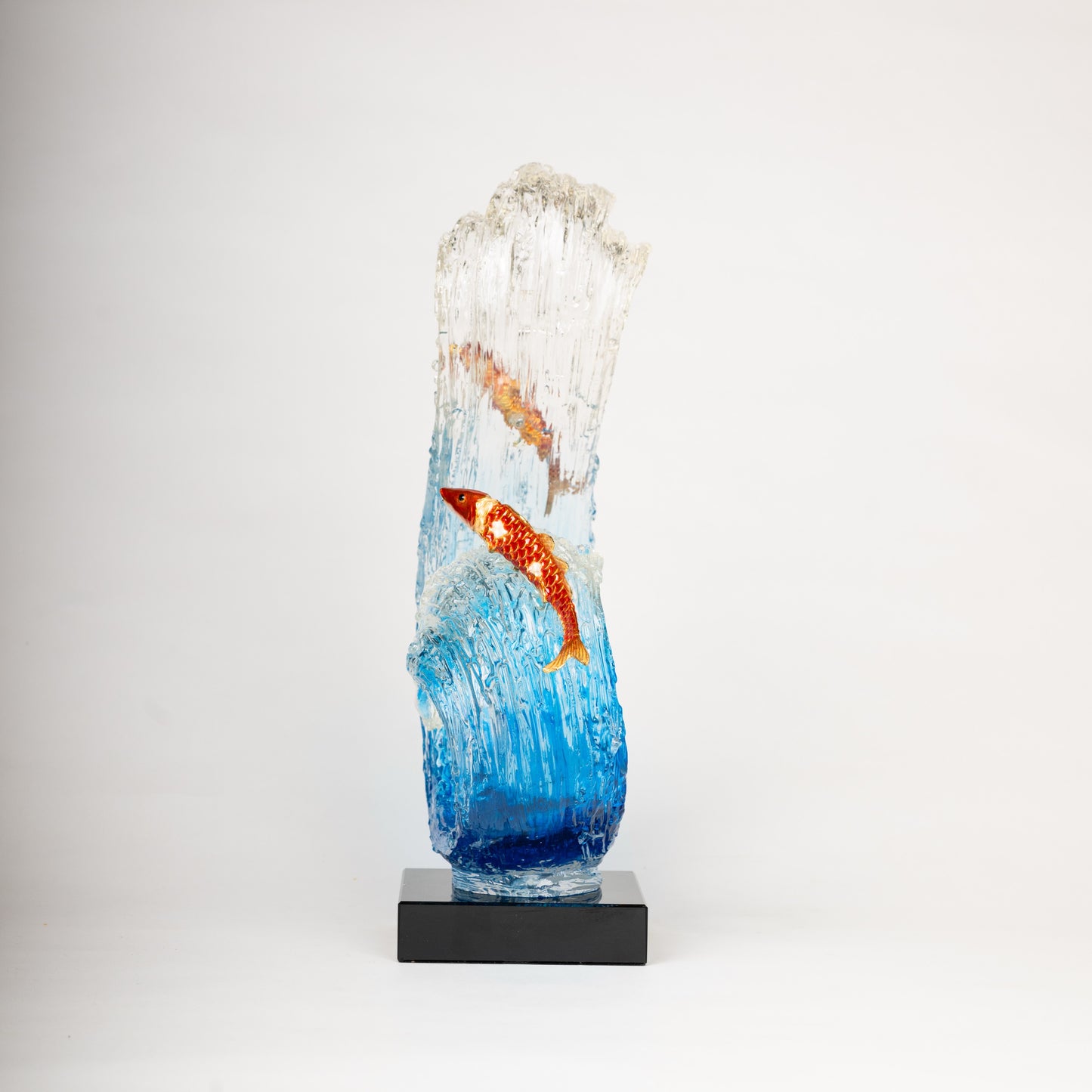 Twin Koi & Ocean Wave Glass Sculpture