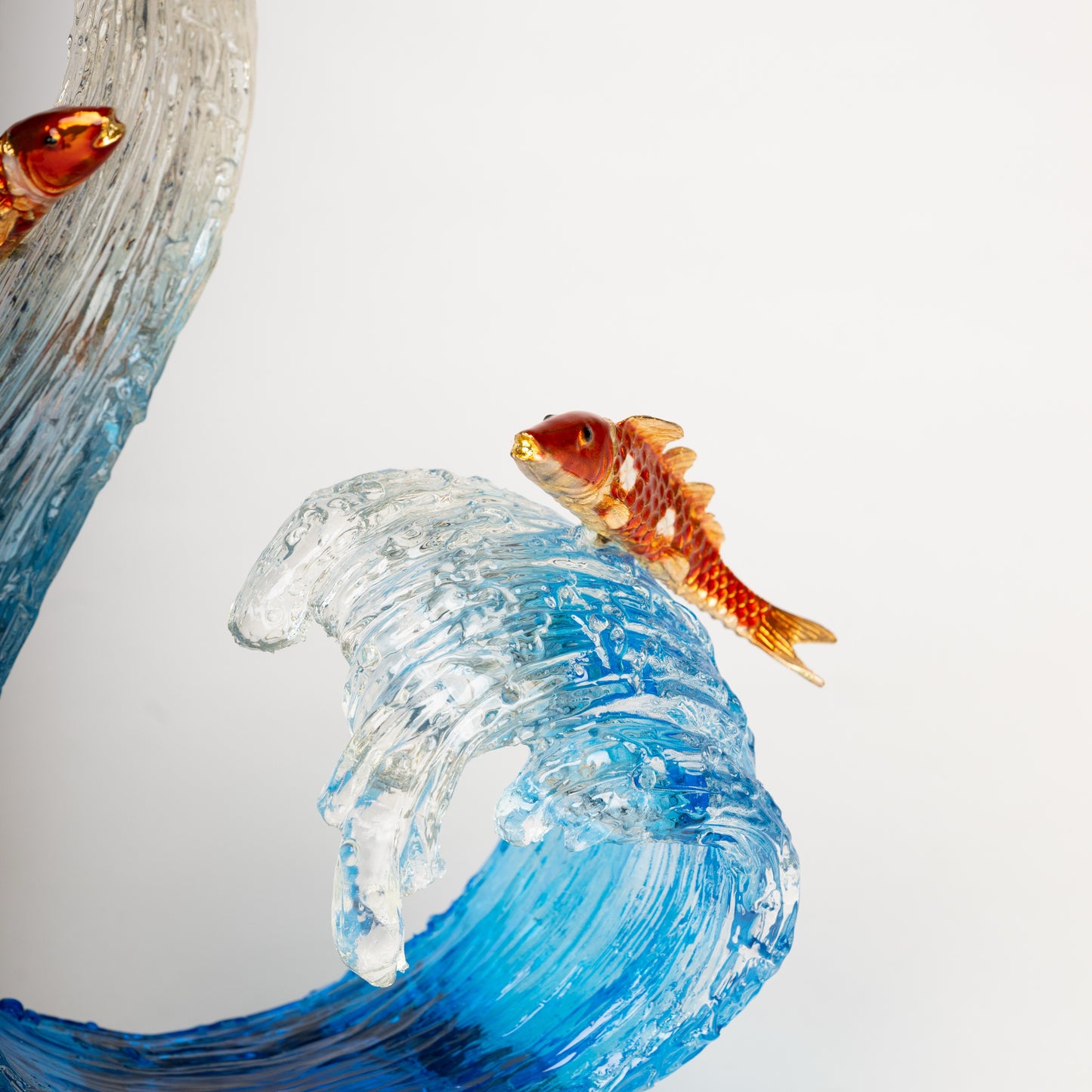Twin Koi & Ocean Wave Glass Sculpture