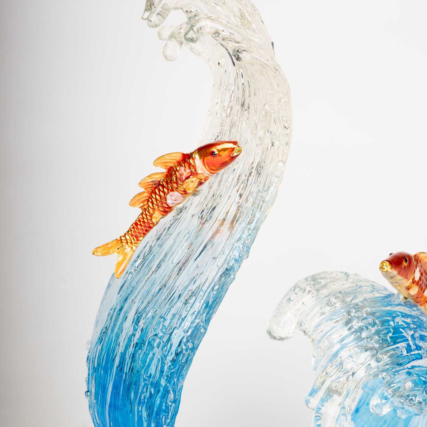 Twin Koi & Ocean Wave Glass Sculpture