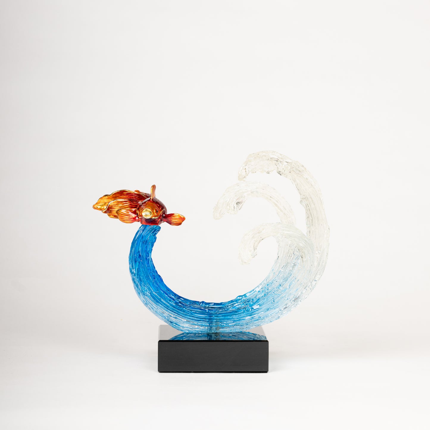 Glass Ocean Wave Sculpture with Goldfish