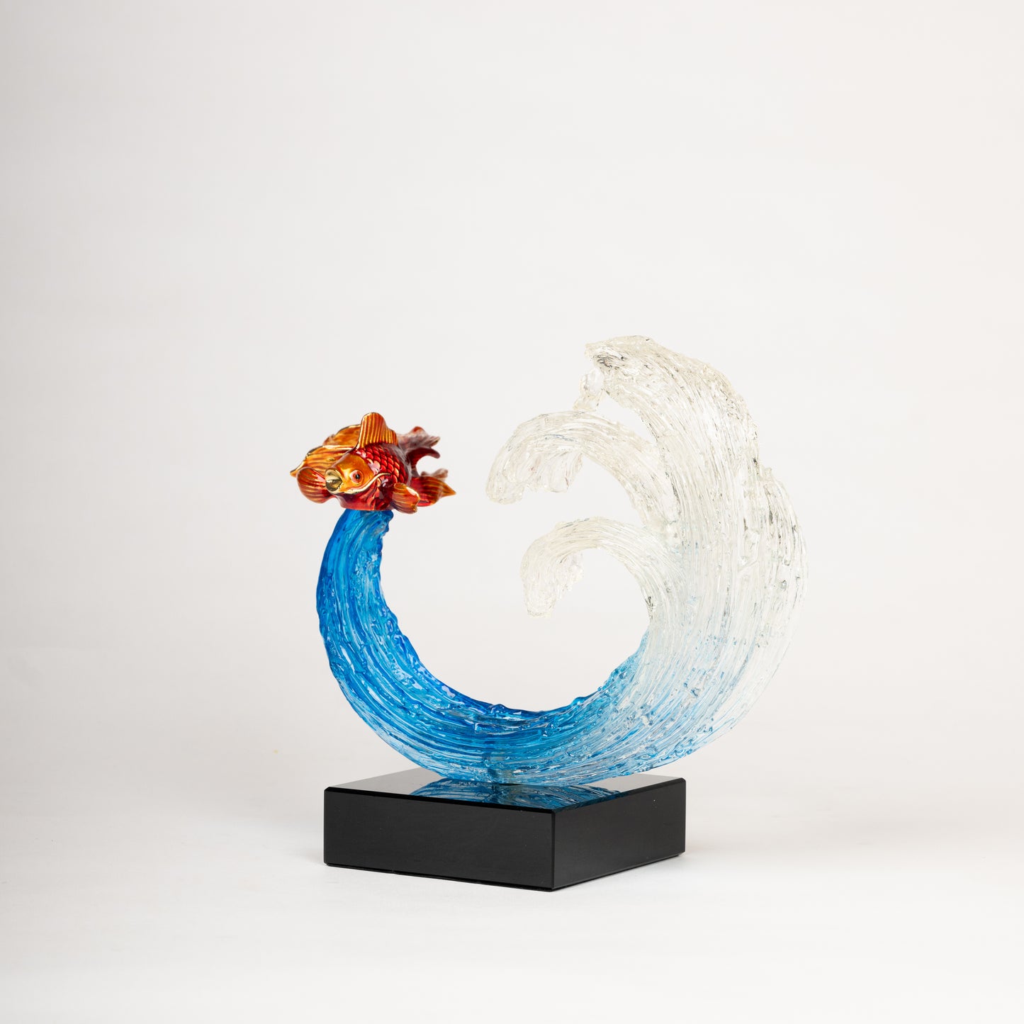 Glass Ocean Wave Sculpture with Goldfish