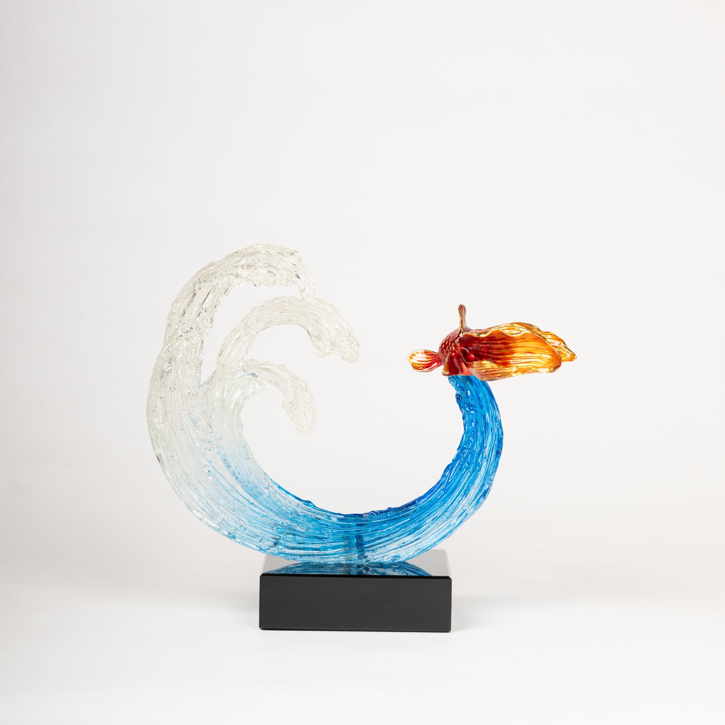 Glass Ocean Wave Sculpture with Goldfish