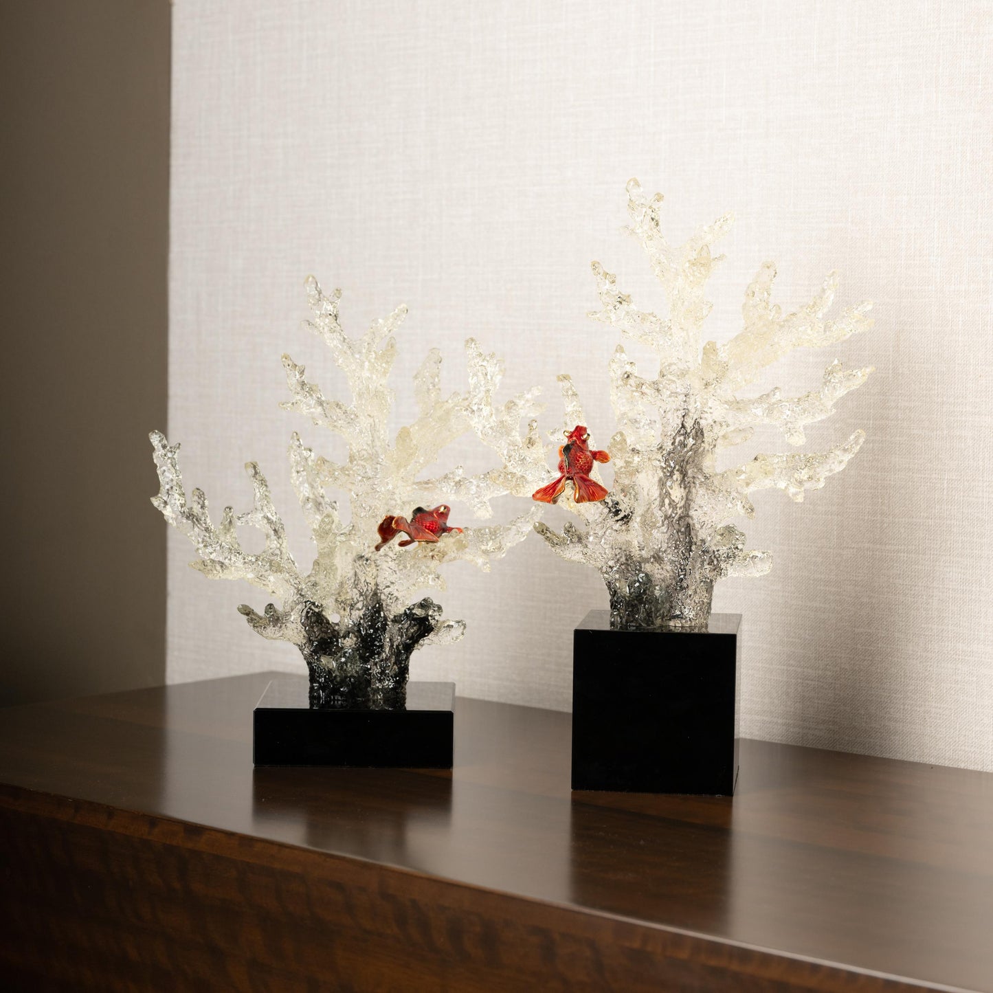 Elegant Crystal Coral Reef Sculptures with Goldfish