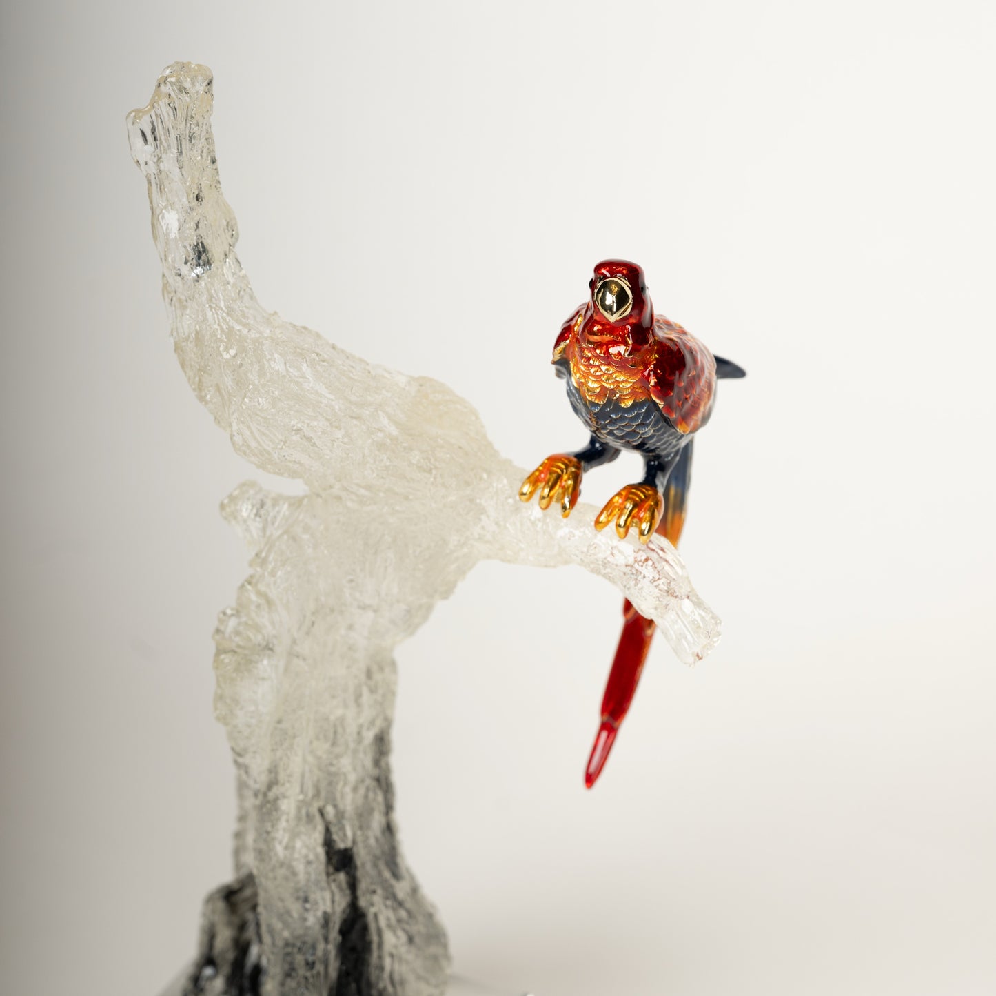 Crystal Parrot Sculpture on Artistic Tree Trunk