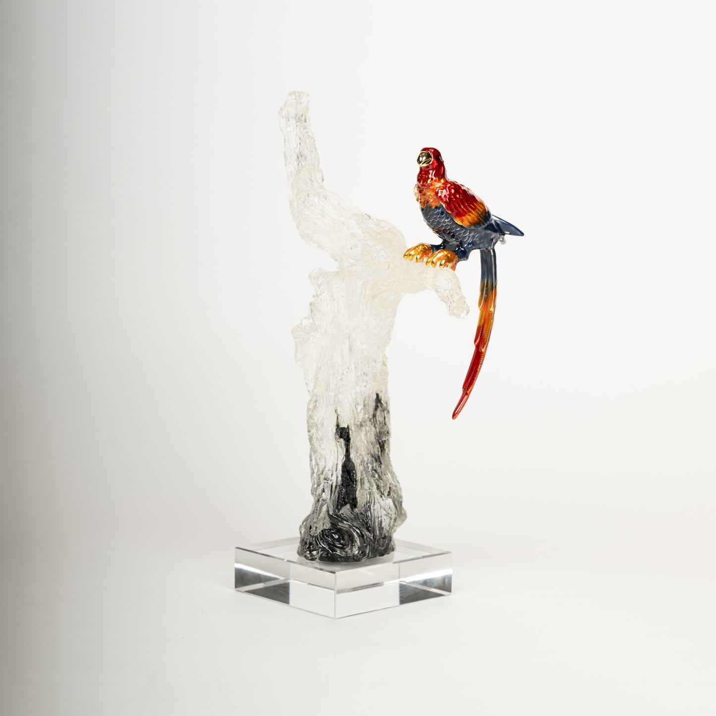 Crystal Parrot Sculpture on Artistic Tree Trunk