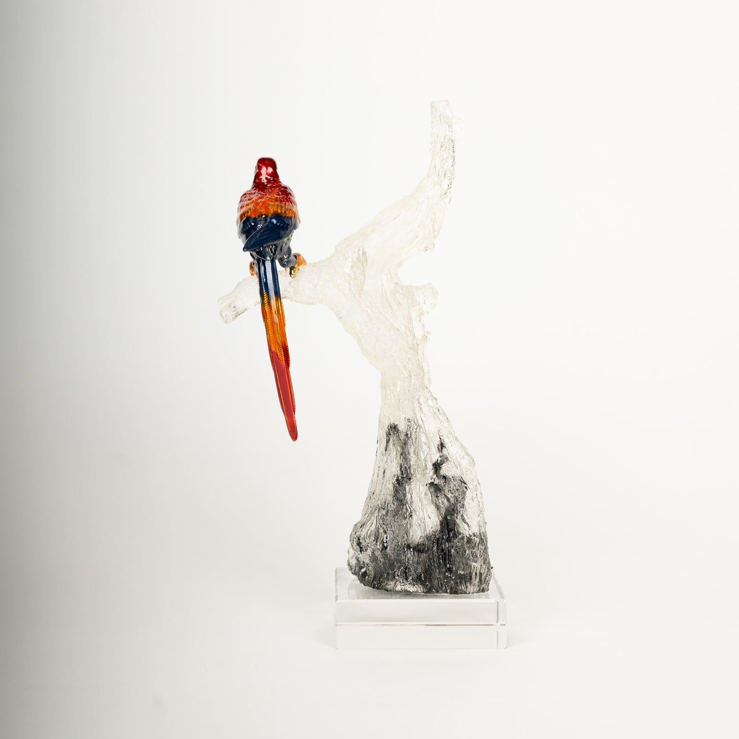 Crystal Parrot Sculpture on Artistic Tree Trunk