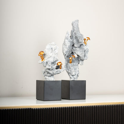 The Enchanted Ascent – Mountain & Gold Mushroom Sculpture