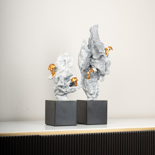 The Enchanted Ascent – Mountain & Gold Mushroom Sculpture