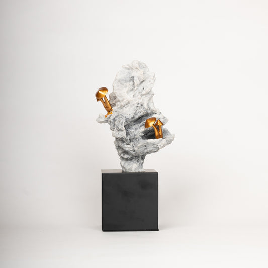 The Enchanted Ascent – Mountain & Gold Mushroom Sculpture