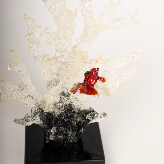 Elegant Crystal Coral Reef Sculptures with Goldfish