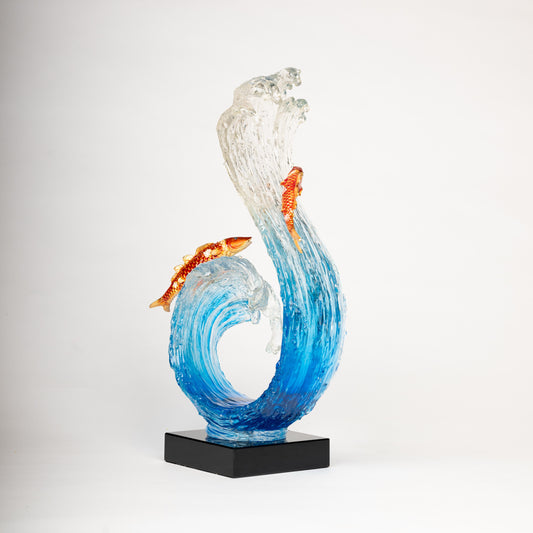 Twin Koi & Ocean Wave Glass Sculpture