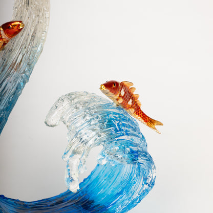 Twin Koi & Ocean Wave Glass Sculpture