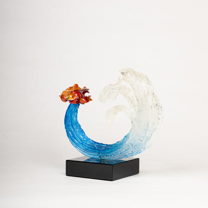 Glass Ocean Wave Sculpture with Goldfish