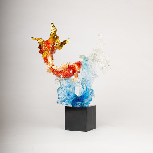 Glass Koi & Wave Sculpture