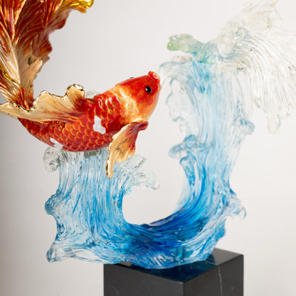 Glass Koi & Wave Sculpture