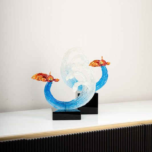 Glass Ocean Wave Sculpture with Goldfish