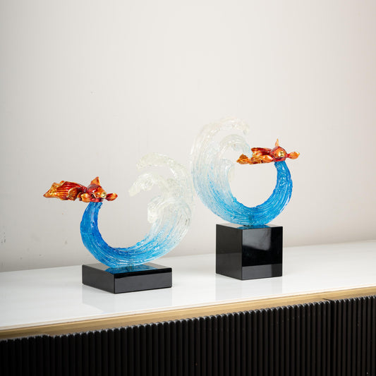 Glass Ocean Wave Sculpture with Goldfish