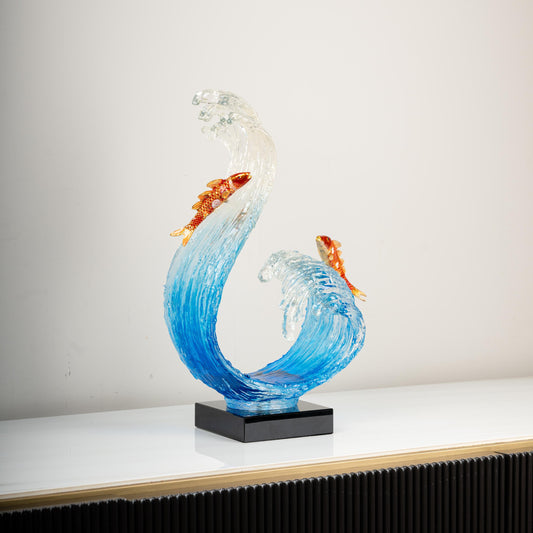 Twin Koi & Ocean Wave Glass Sculpture