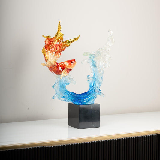 Glass Koi & Wave Sculpture