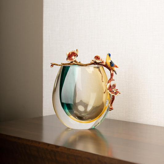Artistic Glass Vase with Bird & Floral Accents
