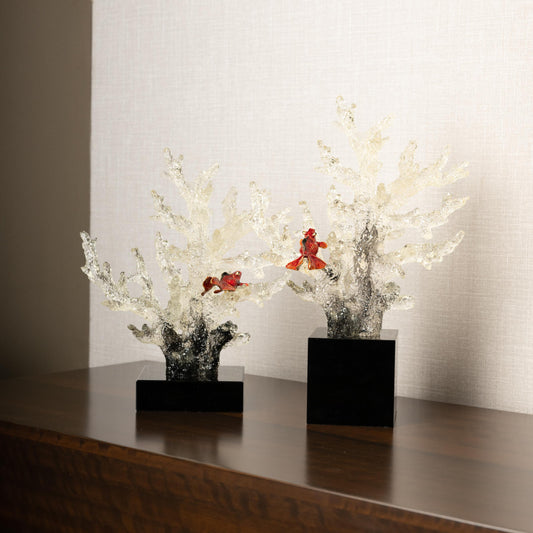 Elegant Crystal Coral Reef Sculptures with Goldfish