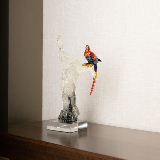 Crystal Parrot Sculpture on Artistic Tree Trunk
