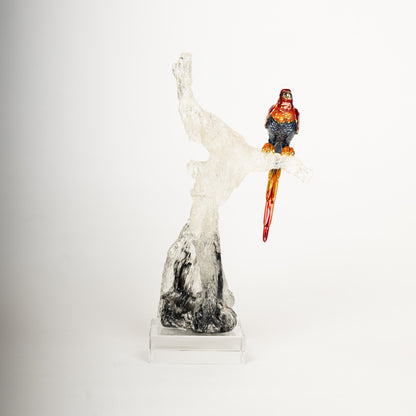 Crystal Parrot Sculpture on Artistic Tree Trunk