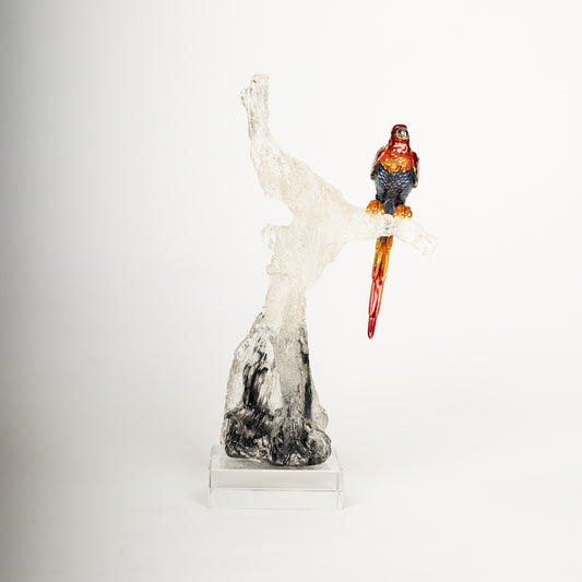 Crystal Parrot Sculpture on Artistic Tree Trunk