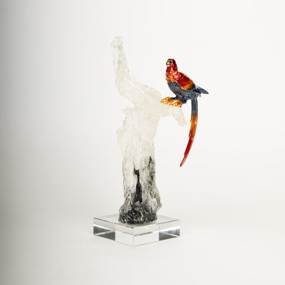 Crystal Parrot Sculpture on Artistic Tree Trunk